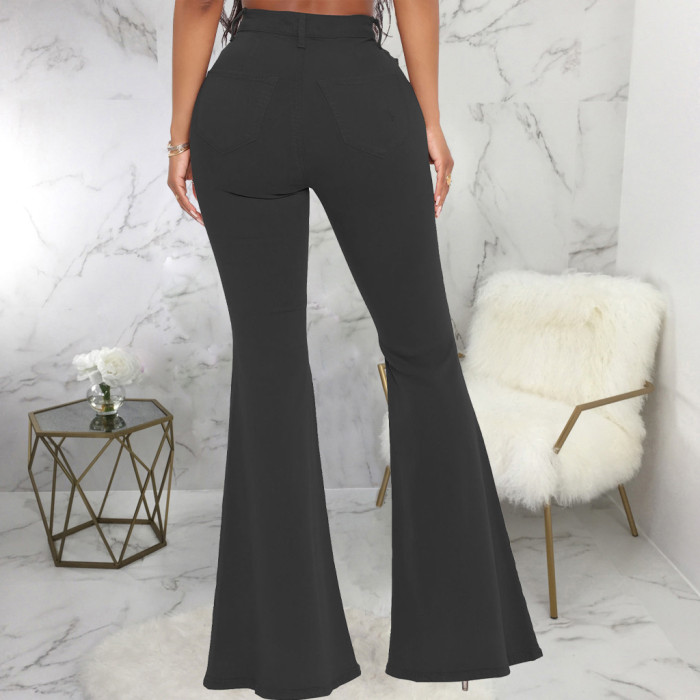 Fashion high waist elastic denim flared pants
