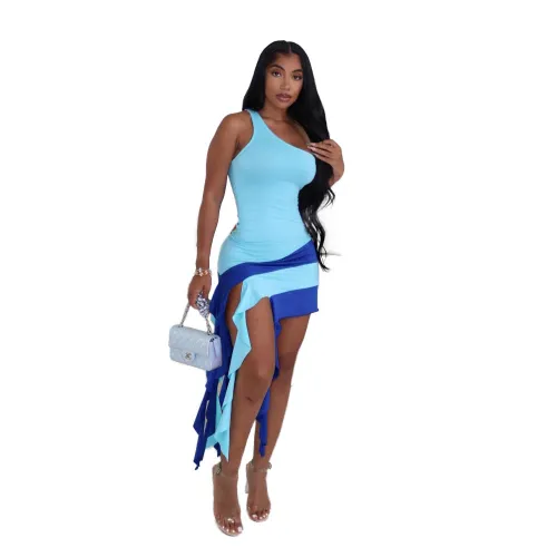 Women'S Summer Patchwork Tassel Sloping Shoulder Dress