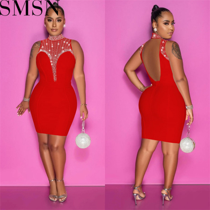 Plus Size Dress fashion women wear solid color rhinestone mesh see through sleeveless dress