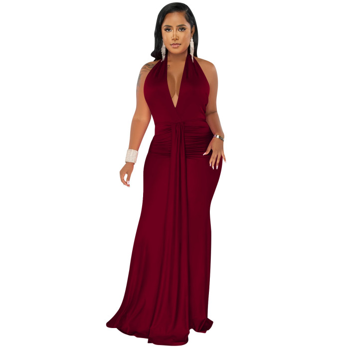 Plus Size Dress fashion V neck backless ribbon pleated solid color dress for women