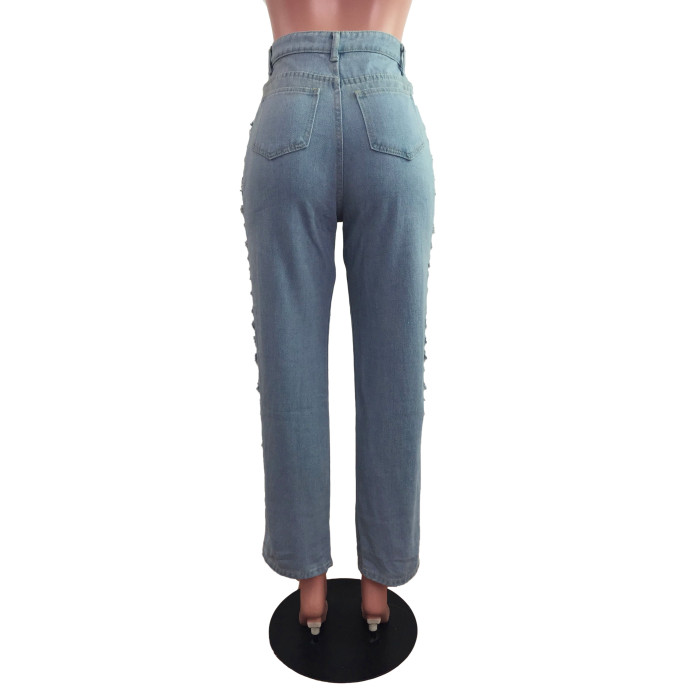 Fashion denim straight cut hole jeans