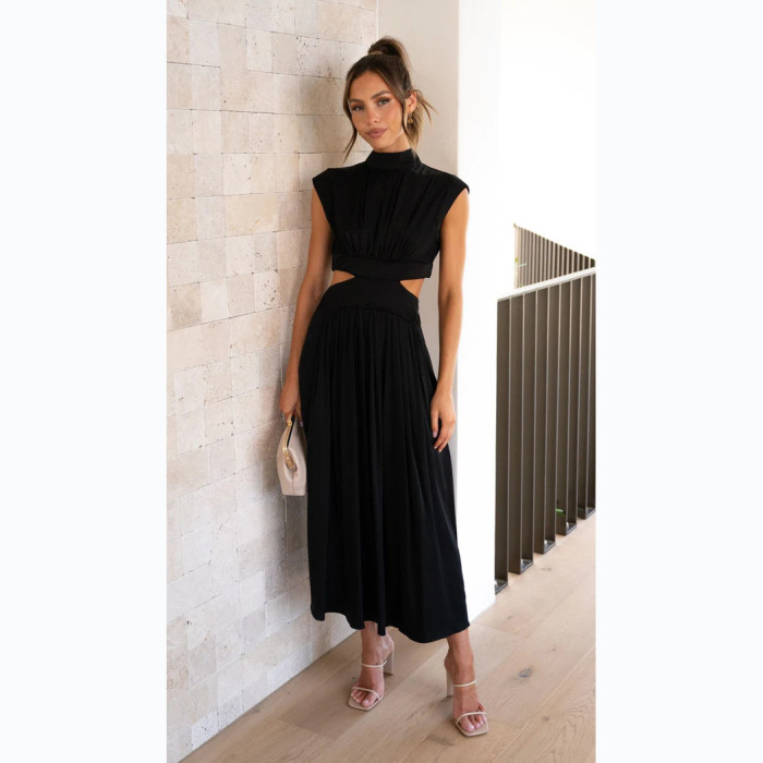 Fashionable Street Stand Collar Solid Color Open Waist Long Dress