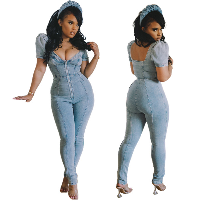 Fashion slim bubble sleeve Jumpsuit jeans