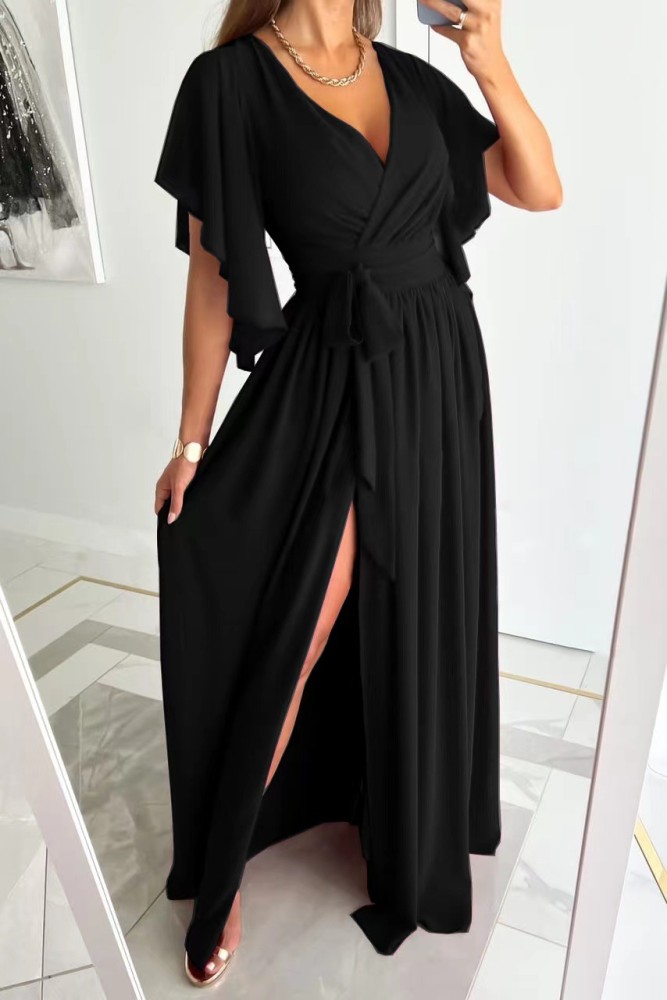Solid Flare Sleeves Loose V-Neck Floor Dress