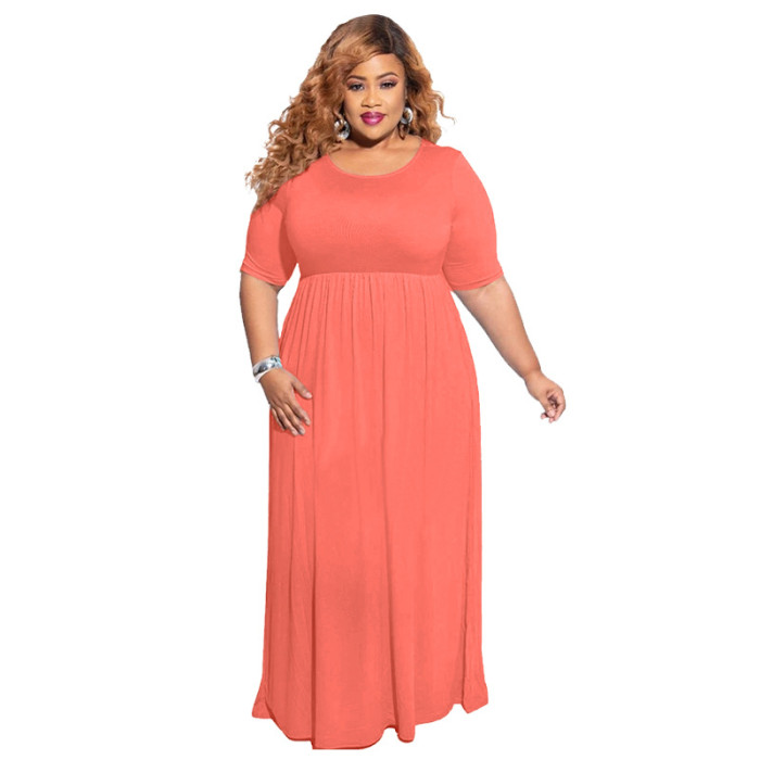 Fashion women dress solid color round neck loose casual plus size dress