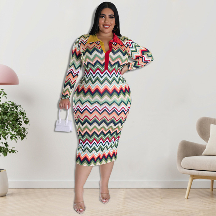 Plus Size Dress European and American long sleeve collar printed open tube fashion dress