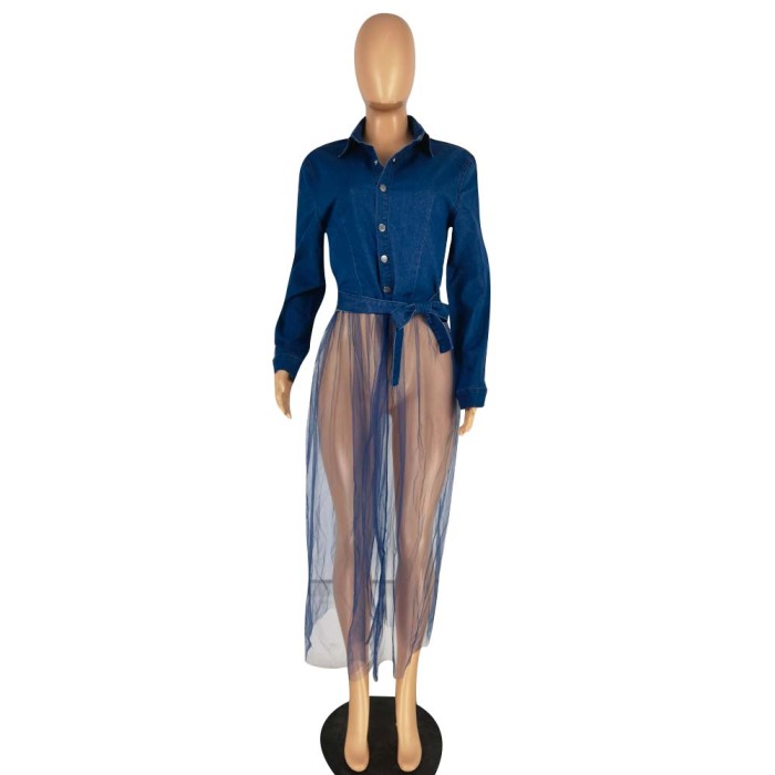 Denim stitched mesh long windbreaker