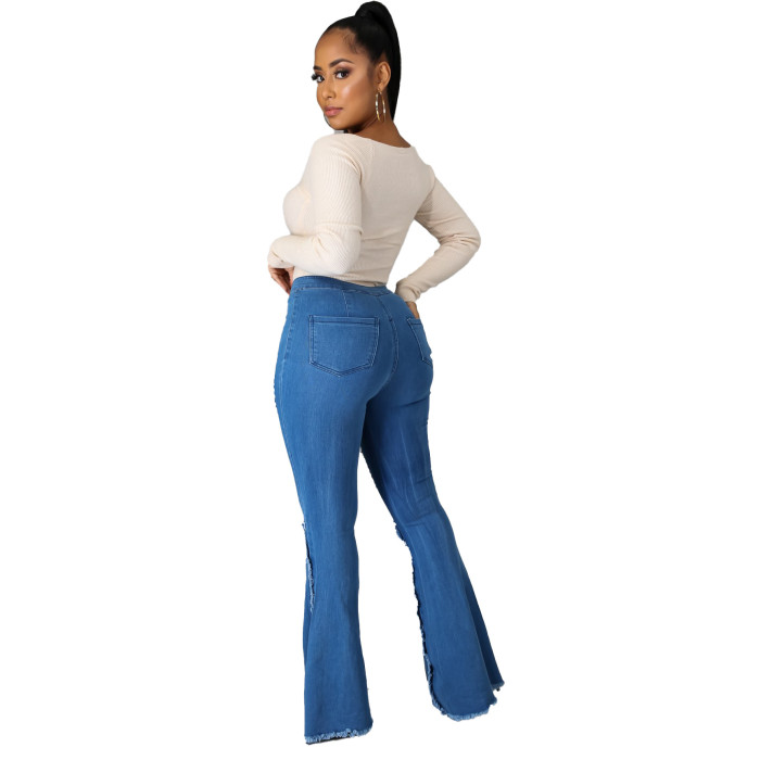 Stitching hole washed jeans flared pants