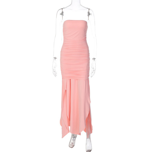 Solid Color Layered Pleats Wrapped Breasts Hanging Irregular Double Layer Dress Women