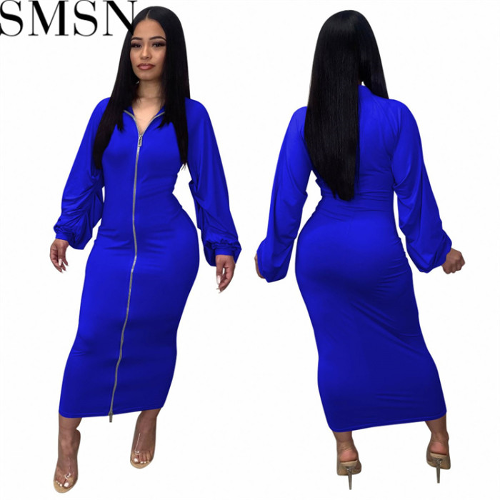 Plus Size Dress solid color double headed zipper turtleneck sleeve pleated dress long skirt