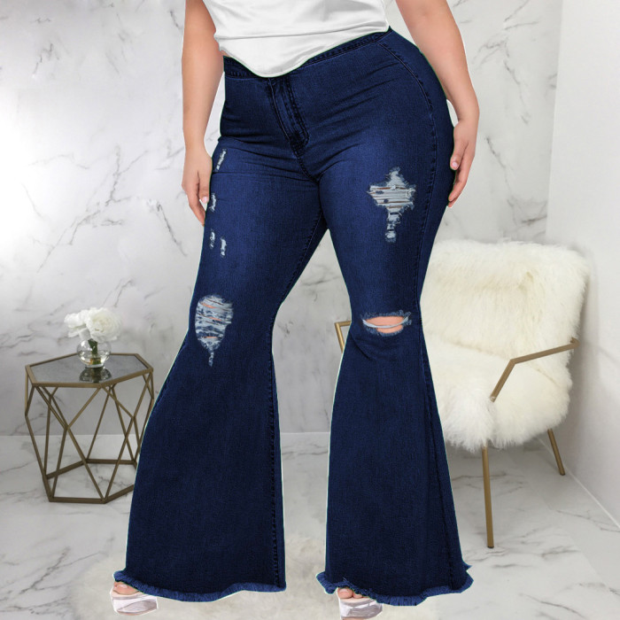 Fashion Slim Fit Wide Leg Perforated Plus Size Flare Jeans