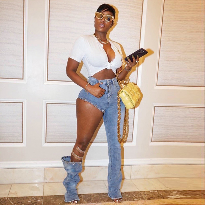 Denim high waist straight fitting trousers