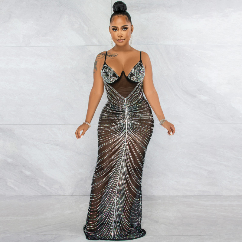 Plus Size Dress new hot rhinestone sexy spaghetti straps chest wrap mesh see-through maxi dress
