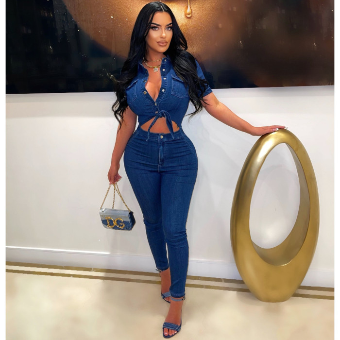 Sexy slim fitting fashion short sleeved denim jumpsuit