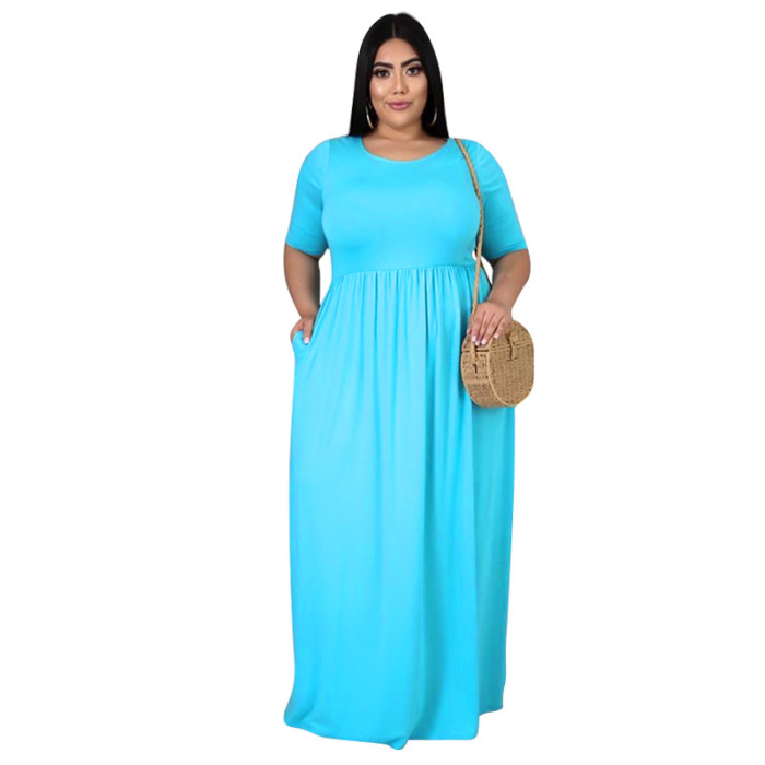 Fashion women dress solid color round neck loose casual plus size dress