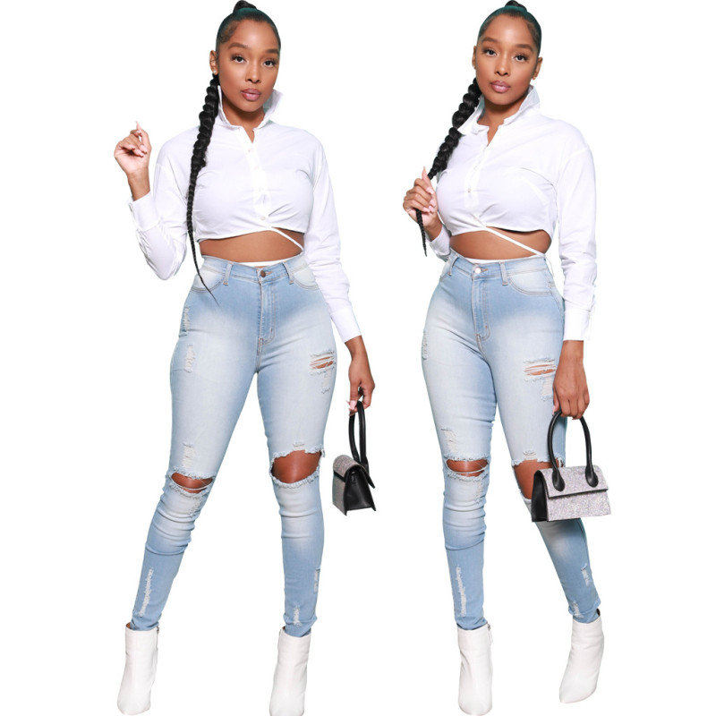 Hole washing slim elastic denim Leggings