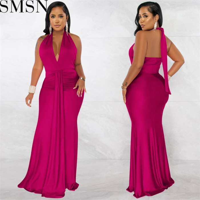 Plus Size Dress fashion V neck backless ribbon pleated solid color dress for women