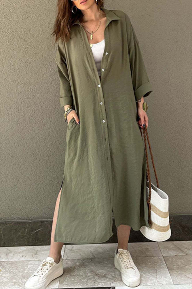 Elegant Casual Loose Long Sleeve Button Pocket Shirt Dress