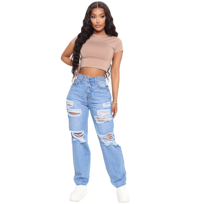 Casual loose High Waist Wide Leg Jeans with holes