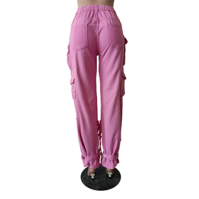 Fashion denim retro casual three-dimensional pocket pants