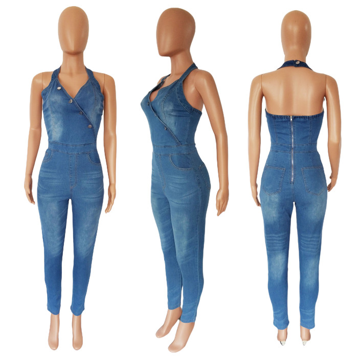 Denim slim neck Jumpsuit