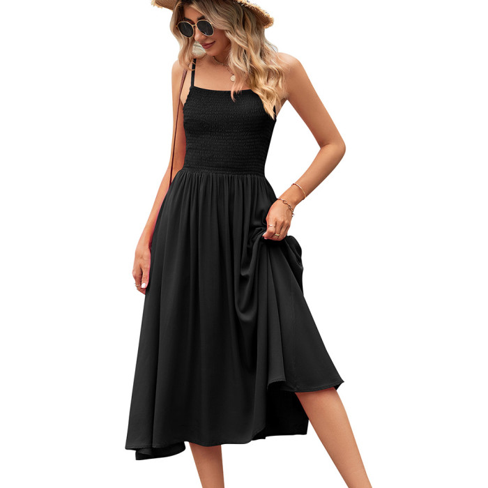 Women'S Sleeveless Pleated Solid Color Suspender Dress