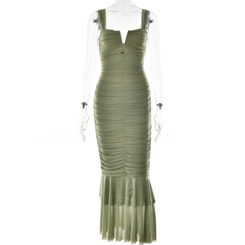 Sexy Tight Pleated Suspenders Dress Fishtail Dress For Women