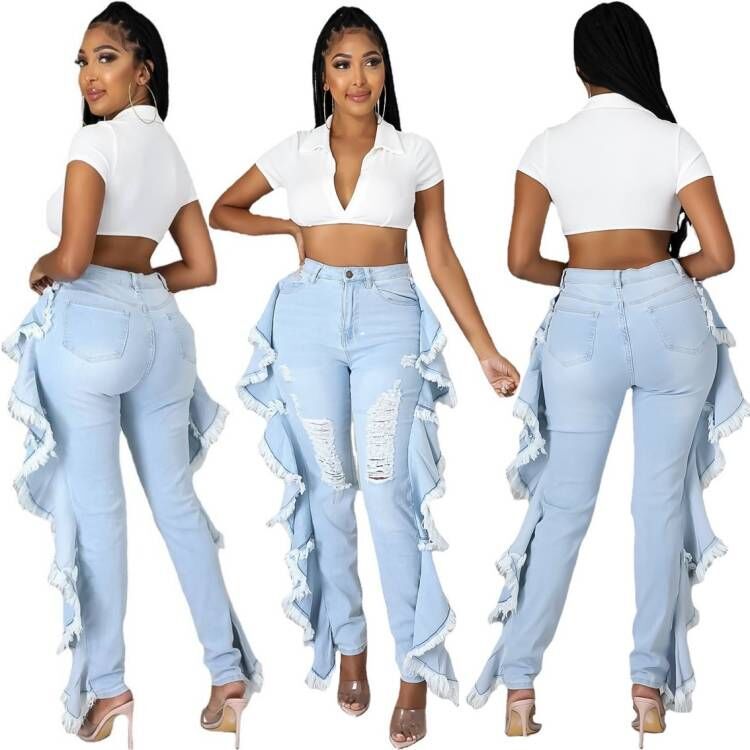 Tassels wash holes slim sexy jeans