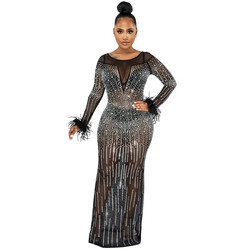 Rhinestone mesh see through long dress women lady luxury formal party evening dress