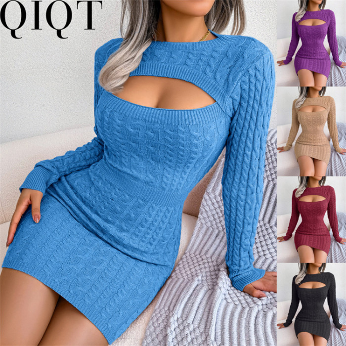 Plus Size Dress 2022 autumn and winter sexy hollow twist waist hip skirt woolen Dress