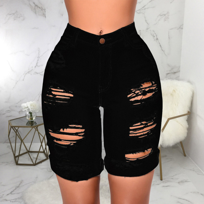 Fashionable water wash hole high waist jeans