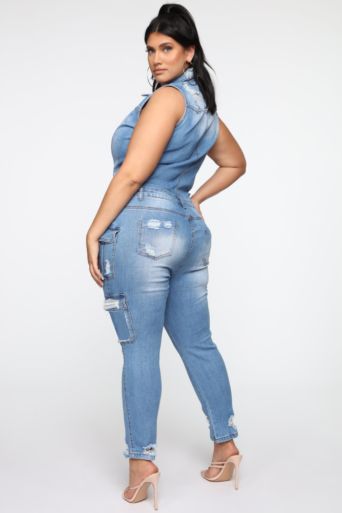 Casual slim hole denim Jumpsuit