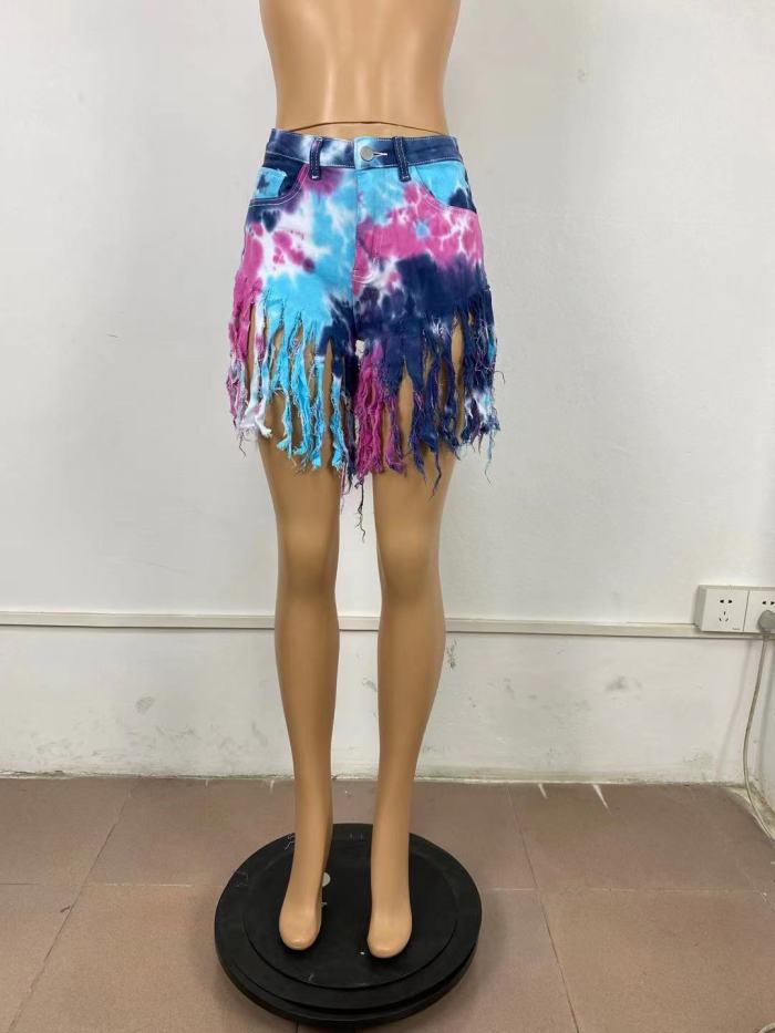 Tie dyed denim shorts with tassels
