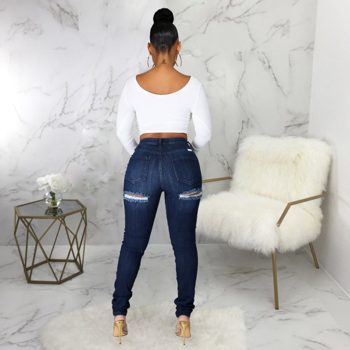 Fashion slim high waist holed jeans Leggings
