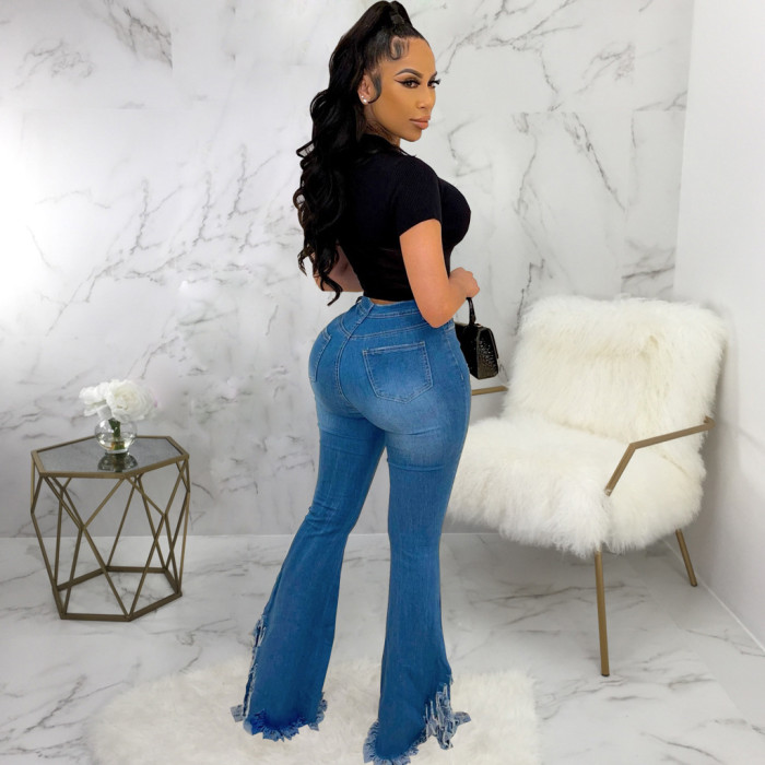 Washed elastic denim flared pants