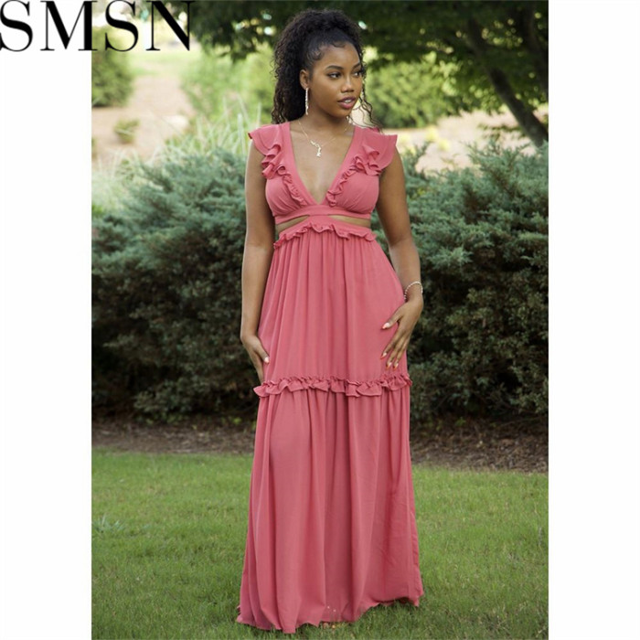 Plus size dress Amazon Quality Dress Sexy Deep V Lace up Wooden Ear Ruffled Vest Dress