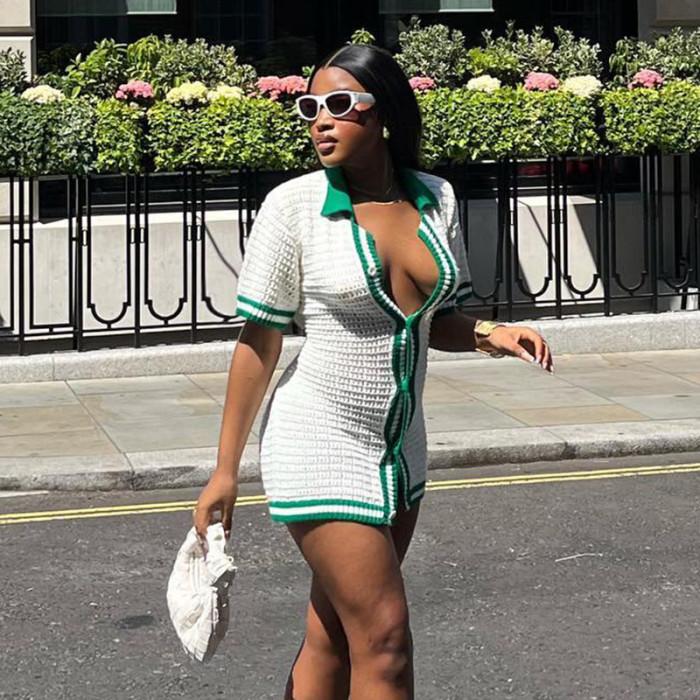 Polo Collar Contrasting Color Single-Breasted Short-Sleeved Shirt Dress Sexy Hollow Woolen Skirt