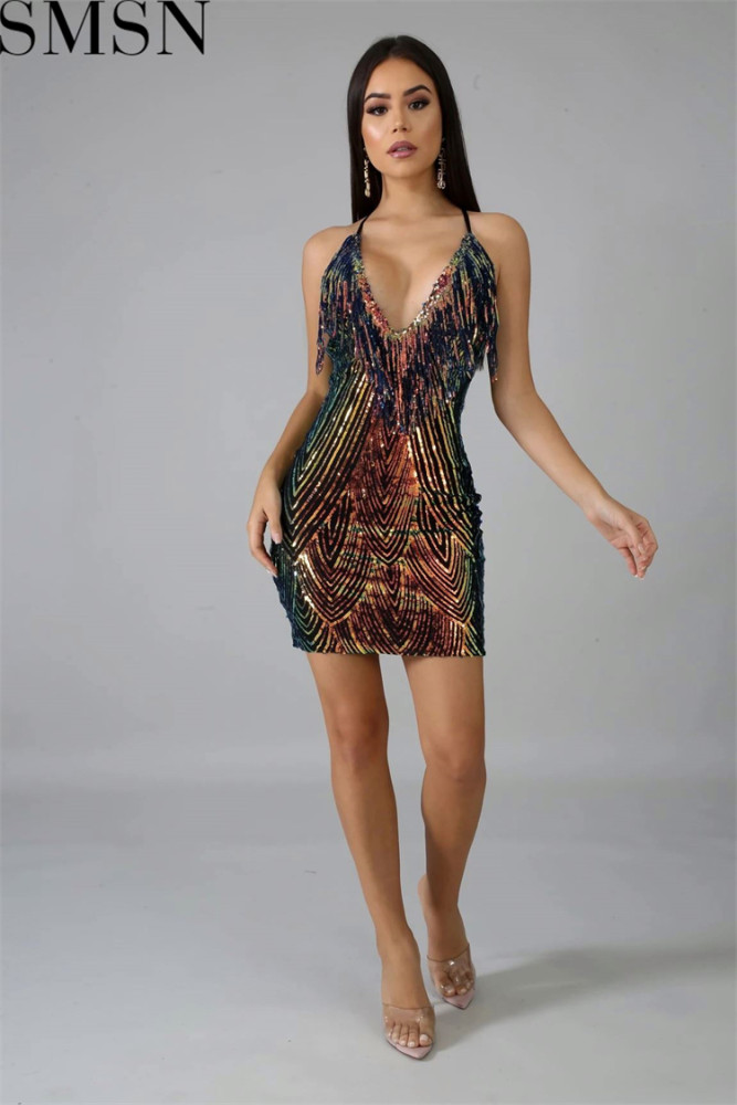 Plus Size Dress Amazon hot selling sexy sling sequin tassel dress