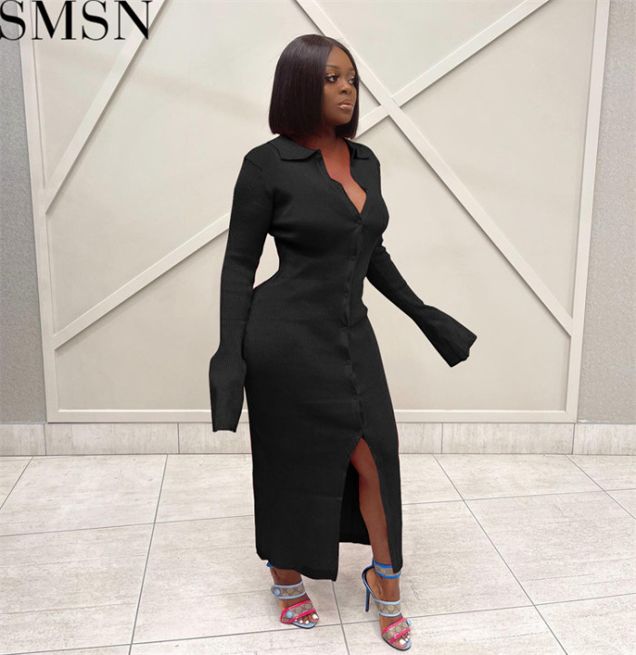 Fashion women dress Amazon long sleeve V neck long button bell sleeve dress sweater