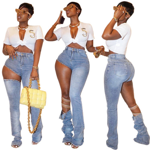 Denim high waist straight fitting trousers