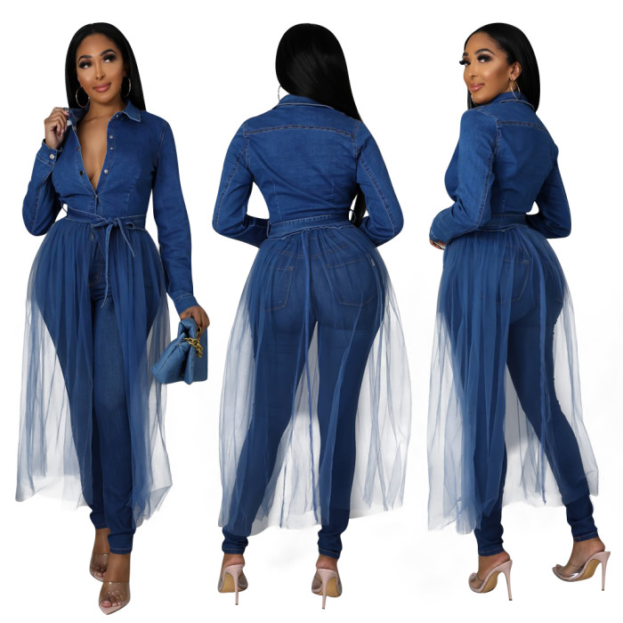 Denim stitched mesh long windbreaker