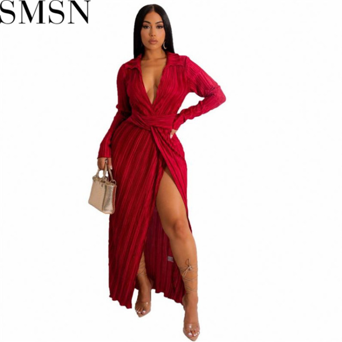 Plus Size Dress Europe and America sexy slit dress Amazon autumn and winter New V neck long sleeve pleated dress