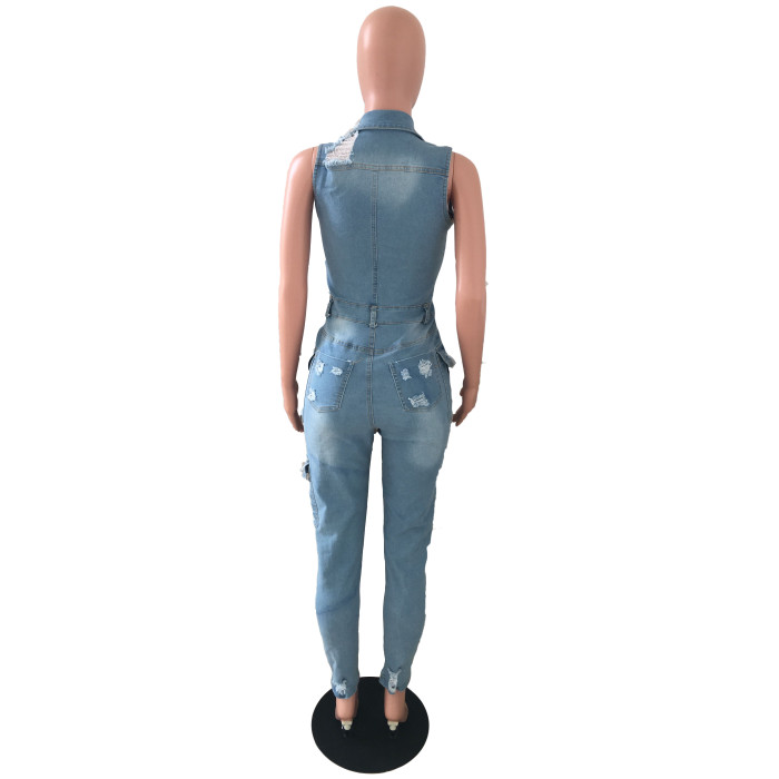 Casual slim hole denim Jumpsuit
