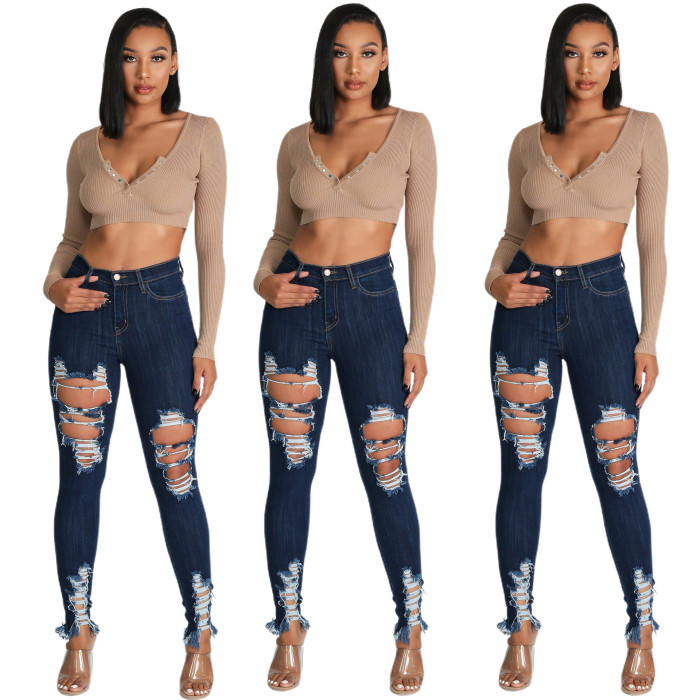 Oversized sexy high stretch perforated calf denim pants