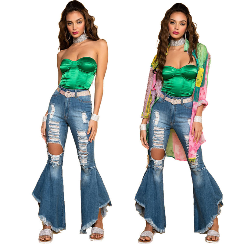 Fashion stitched jeans flared pants with holes