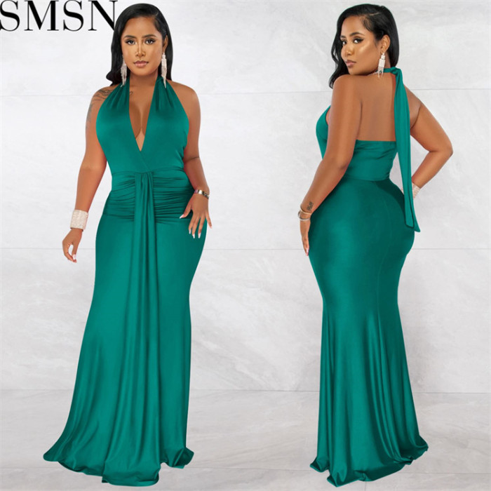 Plus Size Dress fashion V neck backless ribbon pleated solid color dress for women
