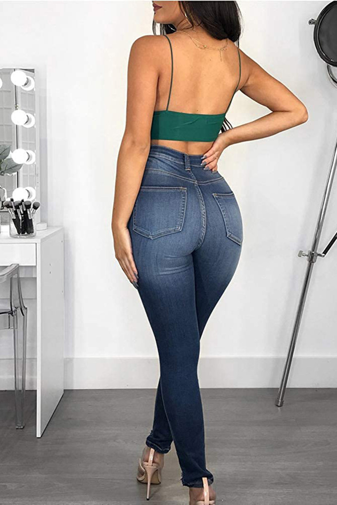 Fashion high waist denim tight pants with holes