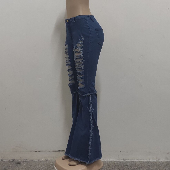 Stitching hole washed jeans flared pants