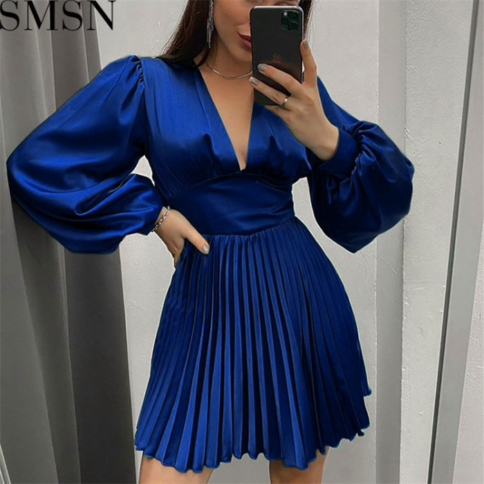 Plus Size Dress Amazon New Autumn and Winter Long Sleeve Pleated Satin Satin A  line High Waist Dress