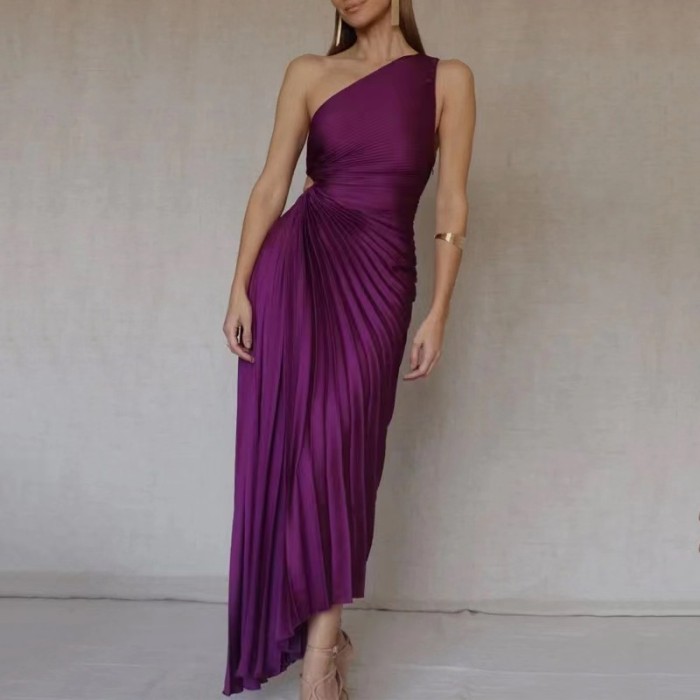 Single Shoulder Pleated Hollow Out Dress(Satin)